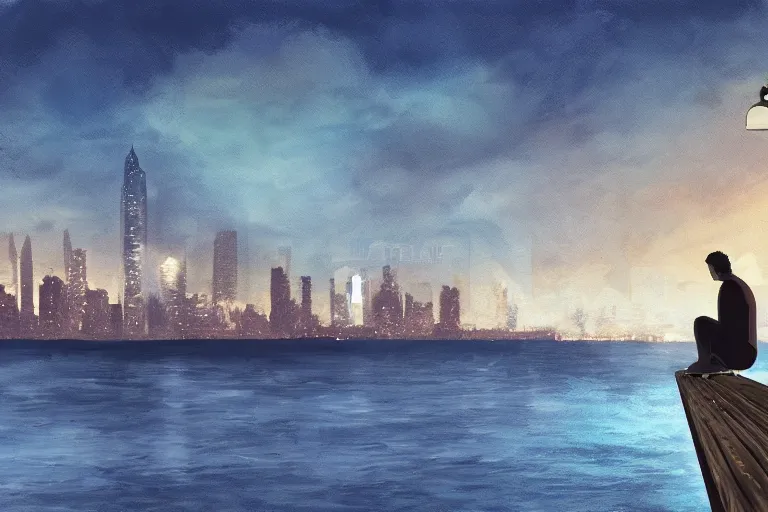 Image similar to A man sitting on a jetty, city in the background, cinematic lighting, Digital Painting