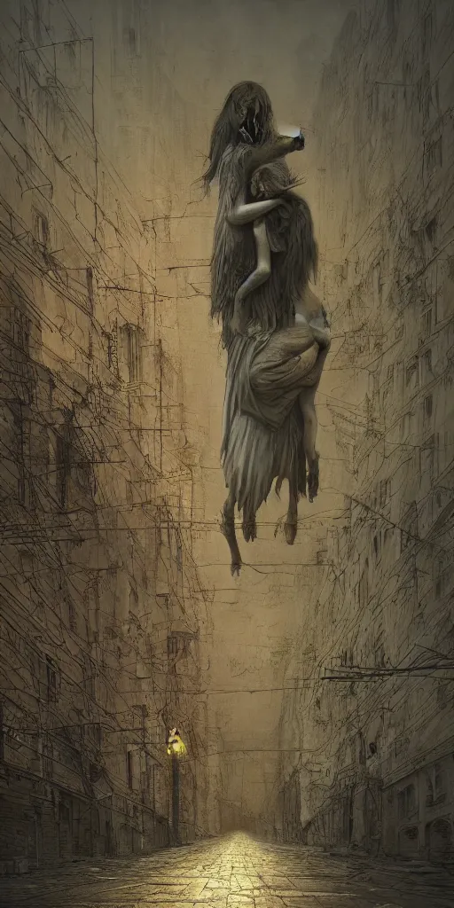 Image similar to death child and women hugging in an empty street, in the style of keith thompson and zdzislaw beksinski, artstation hd, 8 k, surrealistic digital artwork, post apocalyptic street