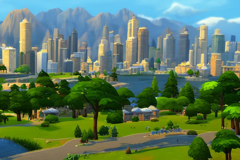 Image similar to serene landscape with a city on the Background in the style of Sims 4