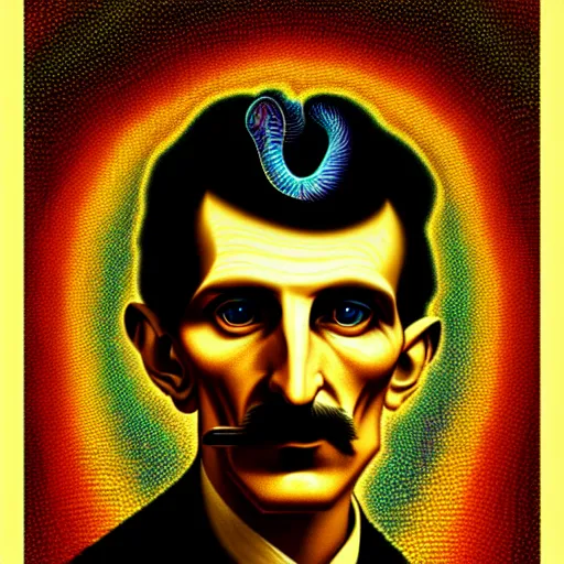 Image similar to An extremely psychedelic portrait of Nikola Tesla, surreal, LSD, face, detailed, intricate, elegant, lithe, highly detailed, digital painting, artstation, concept art, smooth, sharp focus, illustration