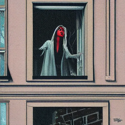 Image similar to modern urban vampire looking out her window from her apartment, by gerald brom