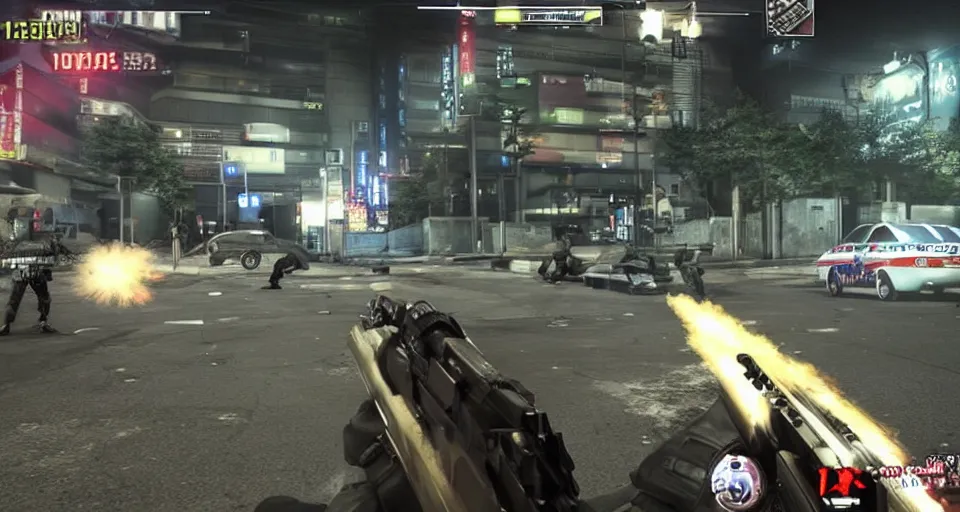 Prompt: 2011 Video Game Screenshot of Neo-tokyo Cyborg bank robbers vs police FPS, Set in Tokyo Bank Parking Lot, Dark, Multiplayer set-piece Ambush, Tactical Squads :10, Police officers under heavy fire, Suppressive fire, Pinned down, Destructible Environments, Gunshots, Headshot, Bullet Holes and Anime Blood Splatter, :10 Gas Grenades, Riot Shields, MP5, AK45, MP7, P90, Chaos, Anime Machine Gun Fire, Gunplay, Shootout, :14 FLCL + Akira, Cel-Shaded:17, Created by Katsuhiro Otomo + Arc System Works + miHoYo: 20