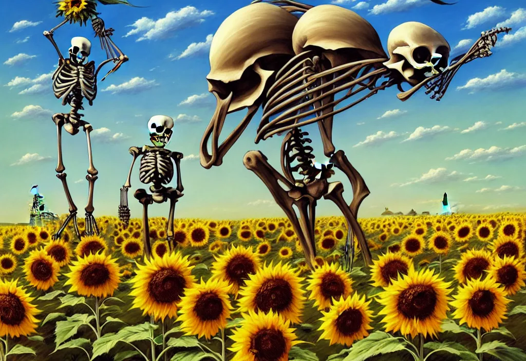 Image similar to giant headless skeleton in the countryside with a sunflower in the foreground, intricate oil painting, high detail illustration, sharp high detail, manga and anime 1 9 9 9, official fanart behance hd artstation by jesper ejsing and makoto shinkai, 4 k,