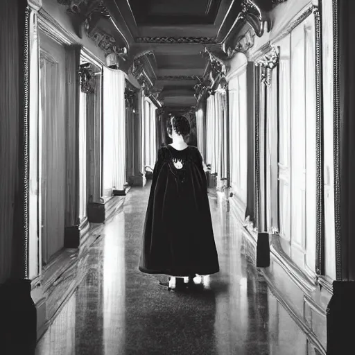 Prompt: a beautiful victorian woman is frightened by her doppleganger in a mirror. she is in a long hallway of mirrors. elegant design, haunting atmosphere, dimly lit, gothic, horror style, mist, low angle, 3 / 4 view.