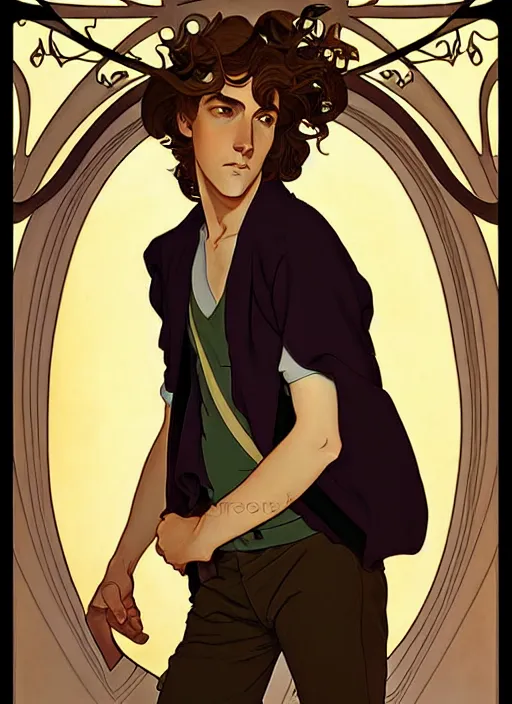 Image similar to art nouveau portrait of a handsome young man with curly light brown hair, brown eyes, serious facial expression, gloomy mood, annoyed, t - shirt, natural lighting, path traced, highly detailed, high quality, cartoon, digital painting, by don bluth and ross tran and studio ghibli and alphonse mucha