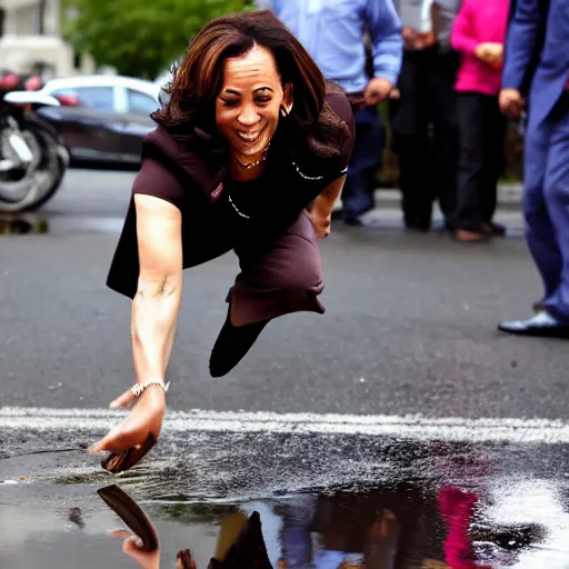 Image similar to kamala harris falling off a bicycle into a puddle of chocolate