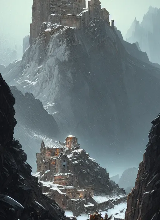 Prompt: a post apocalyptic monastery at the peak of a jagged mountain, photorealistic movie still by michael komarck, greg rutkowski, victo ngai, artgerm, willem claesz heda and j. dickenson