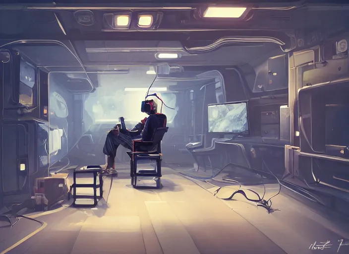 Prompt: a man sitting on a chair with things attached to his head, screens and monitors in front of him playing videos, ship interior, narrow hallway, scifi, dramatic lighting, concept art, surreal, by rutkowski