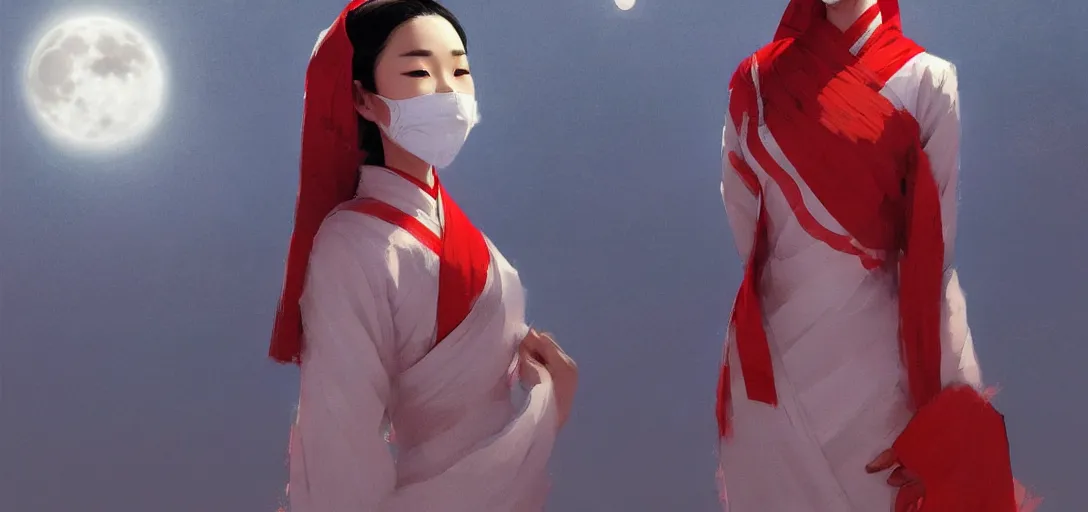 Prompt: vietnamese female with white cloth mask wearing traditional red ao dai, full moon on the sky, digital illustration by ruan jia, a ultra detailed beautiful panting by ilya kuvshinov, greg rutkowski and makoto shinkai, trending on artstation