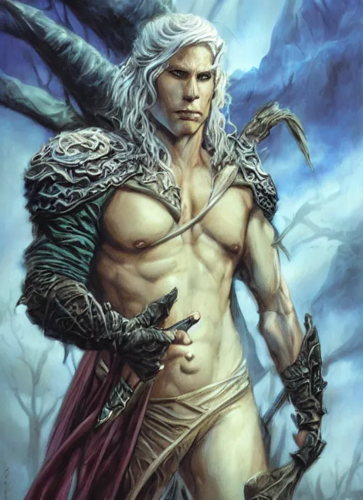 Image similar to a fantasy comic book style portrait of drizzt do'urden, oil painting by boris vallejo and julie bell and luis royo, full body portrait, hyper realistic, hd, intricate, elegant, character design, concept art, cinematic lighting