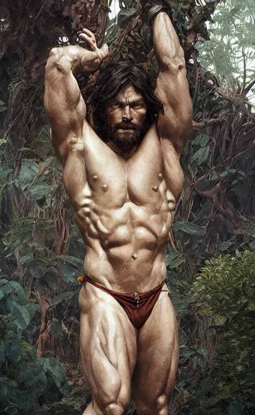 Image similar to god of the forest, 30 years old, rugged, male, gorgeous, detailed face, anatomically correct hands!!!!!!, amazing, thighs!!!!!!, muscular, intricate, highly detailed, digital painting, artstation, concept art, sharp focus, illustration, art by greg rutkowski and alphonse mucha