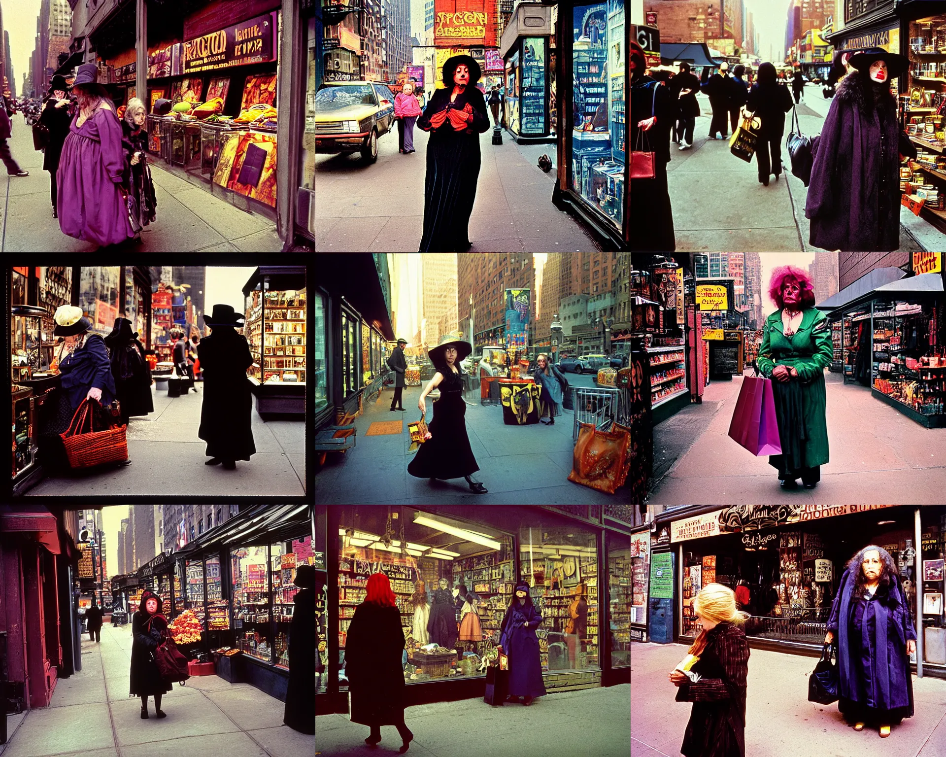 Prompt: dramatic color full portrait photo of a beautiful female witch shopping in a new york street, detailed and creepy, by bruce gilden, by annie leibovitz, by diane arbus, fujifilm velvia 5 0, color photography, sigma 2 8 mm