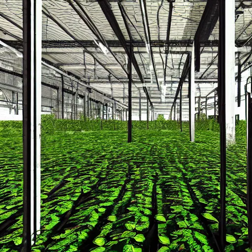 Image similar to beautiful render of a forest growing inside of a bright industrial warehouse