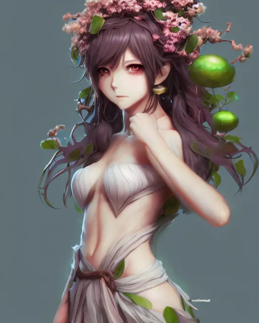 Image similar to character concept art of an anime dryad | | cute - fine - face, pretty face, realistic shaded perfect face, fine details by stanley artgerm lau, wlop, rossdraws, james jean, andrei riabovitchev, marc simonetti, and sakimichan, tranding on artstation