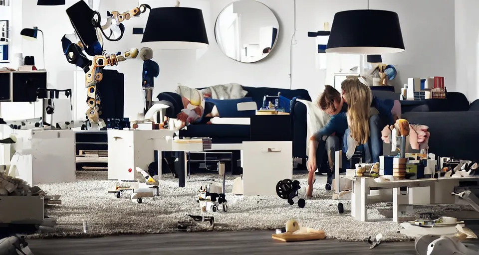 Image similar to IKEA catalogue photo of a living room, robots are tearing it apart, fire, flood, mirrors,