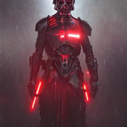 Prompt: extremely detailed depiction of an armored dark assassin warrior in a dark evil forest, blood smeared mask, glowing crimson head, crimson fire head, Ultron, speedster, Darth Vader, fantasy art, fog, heavy armor, knights armor, cinematic pose, 8k, villain, dual wielding lightsabers