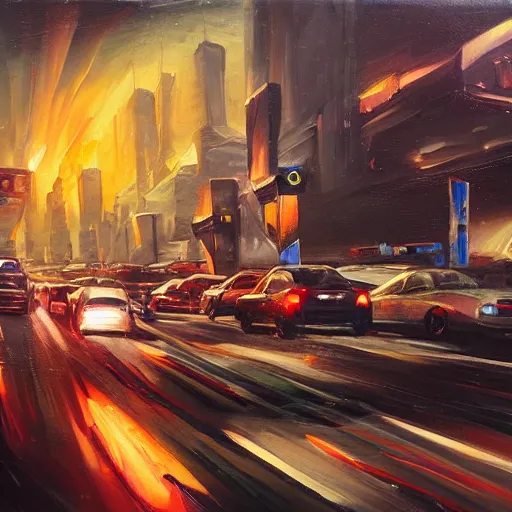 Image similar to oil painting, a traffic jam with some very angry drivers on a futuristic city