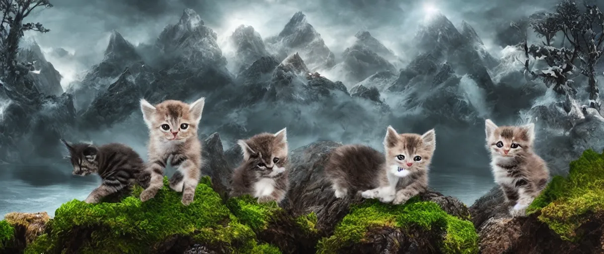 Image similar to Kitten army realistic 4k HD fantasy world water trees mountains ice snow fog