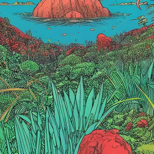 Image similar to illustration of a lush natural scene on an alien planet by moebius. detailed. beautiful landscape. colourful weird vegetation. cliffs and water.