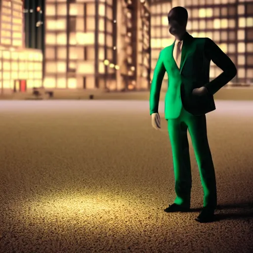 Image similar to a man with an elegant green suit, photography, 3 d render, at night, buildings, dinosaur, sand