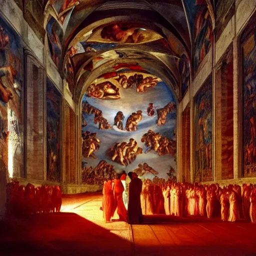 Prompt: the sistine chapel's ceiling broken open, a red portal from hell opens up, lucifer in portal with demons, priests and pope look at the scene with terror. highly detailed painting by gaston bussiere, greg rutkowski, 4 k