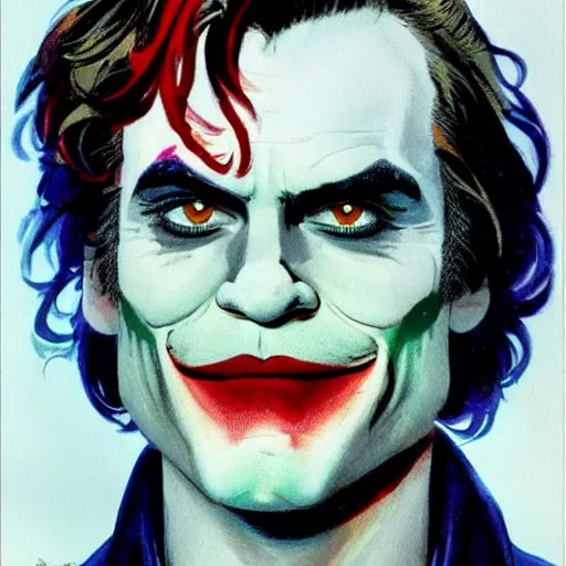 Image similar to photorealistic picture, comic cover by bob peak and alex ross about joaquin phoenix joker, gouache and wash paints, fine details, fine intricate, fine facial proportionate, fine body proportionate, smooth sharp focus, sharp focus