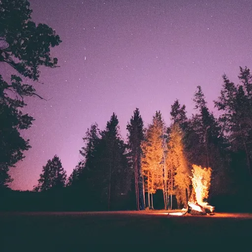 Prompt: a photo of a nighttime scene with a fire illuminating the trees