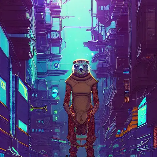 Image similar to A cyberpunk otter cyborg on the street of a cyberpunk city art by Josan Gonzalez, sci-fi, highly detailed, digital painting, artstation, smooth, sharp focus, illustration, concept art by Josan Gonzalez and James Gurney and Mœbius