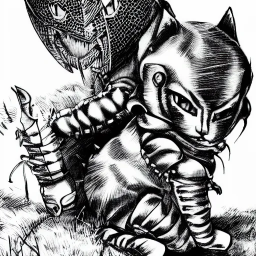 Image similar to Baby Kitten as a knight, highly detailed, black and white, manga, art by Kentaro Miura