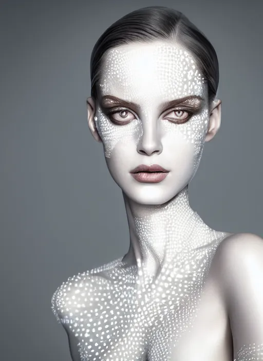 Prompt: a happy nubile young woman with reflections in her eyes and slicked hair, painted with intricate white paint pattern, asymmetrical, clear skin, futuristic, elegant, graceful, fashionable, cinematic, hyperdetailed illustration by irakli nadar and alexandre ferra, depth of field, global illumination,