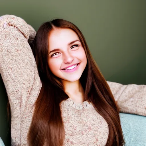 Image similar to a cute young woman smiling, long shiny bronze brown hair, full round face, green eyes, medium skin tone, light cute freckles, smiling softly, wearing casual clothing, relaxing on a modern couch, interior lighting, cozy living room background, medium shot, mid-shot, soft focus