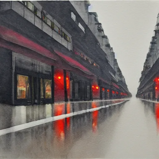 Image similar to A watercolor of an empty Wukang Road in Shanghai, a rainy street with cloudy overcast sky, poignant, high contrast of light and dark, smooth, by Joseph Zbikowicz, 8k