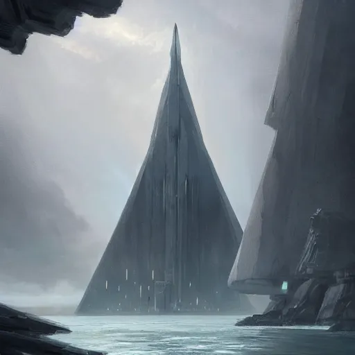 Image similar to star wars concept art by greg rutkowski, a palatial and imposing grey tall triangular pyramid tech tower emerging from the sea in the middle of a ocean landscape, enigmatic atmosphere, beautiful and cinematic lighting, artstation hq.