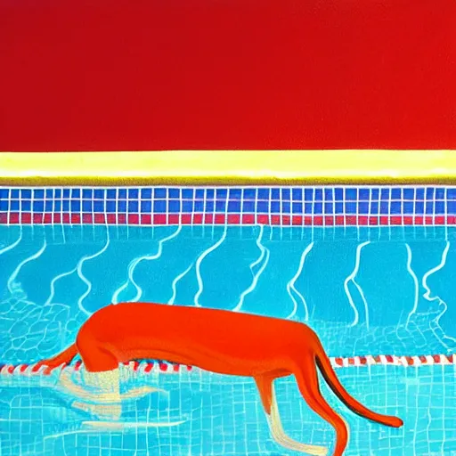 Image similar to close-up of a red dog at pool, painting by david hockney