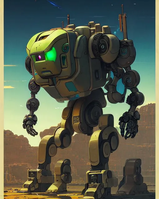 Image similar to bastion the friendly robot from overwatch, character portrait, portrait, close up, concept art, intricate details, highly detailed, vintage sci - fi poster, retro future, in the style of chris foss, rodger dean, moebius, michael whelan, katsuhiro otomo, and gustave dore