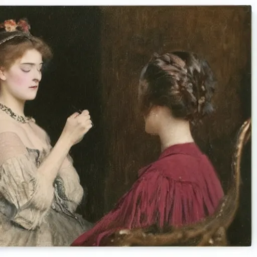 Image similar to young victorian lady putting on makeup, painted by alfred stevens