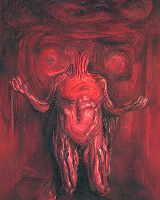 Prompt: Expressionism, oil painting overhead of a dark fleshy figure seated in agony and a fleshy red figure inside an empty dark ballroom in the style of Francis Bacon, Ayami Kojima, Amano, Karol Bak, Greg Hildebrandt, and Mark Brooks, dimly lit interior room, Greg Rutkowski and Francis Bacon, perfect smile