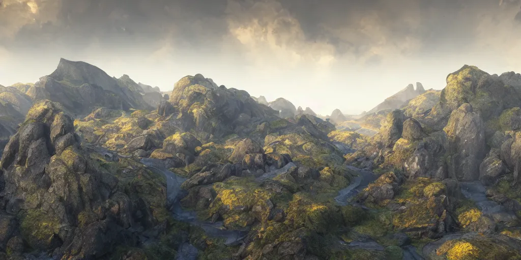 Image similar to a mountainous landscape full of active vulcanoes and a yellow fog and with a yellow cloudy sky, hyperrealistic, concept art, octane render, unreal engine 5, trending on deviantart, venus surface, path traced, no life, dramatic lighting, low contrast, trending on artstation, high quality, highly detailed, 8 k, cinematic, high coherence