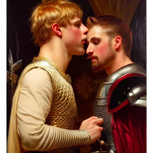 Image similar to attractive fully clothed arthur pendragon confesses his love for his attractive fully clothed male knight. highly detailed painting by gaston bussiere and j. c. leyendecker 8 k