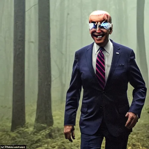 Prompt: joe biden seein in the foggy woods with a devilish grin in his face in the new horror movie, creepy