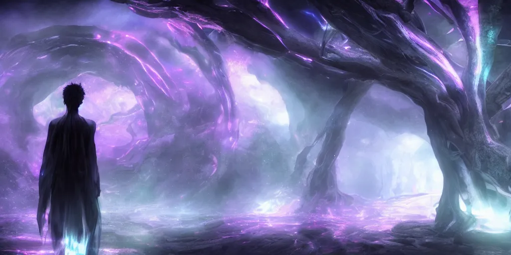 Image similar to Cosmic body, anime spectral male character, emerge from big ancient tree of life, rainbow aura, eye of horus, full body portrait, photorealistic, volumetric lighting, octane rendering, dark and mysterious, atmospheric, ominous, inviting, cinematic, real, concept art, Epic, 8k, 4k, ultra detail, ultra realistic, trading art station, rendered perfectly