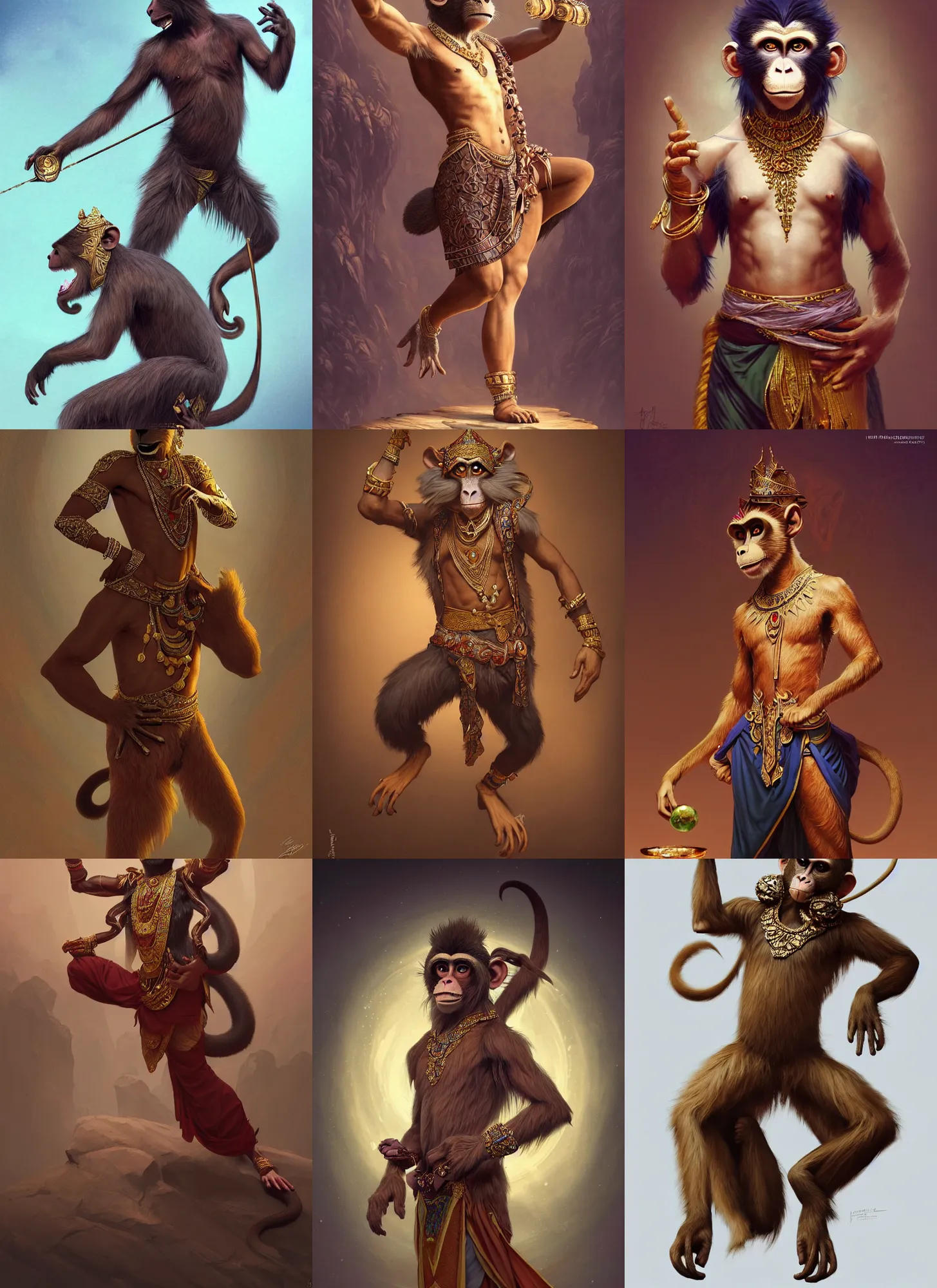 Prompt: full body photograph of a male anthropomorphic monkey man fursona arabian dancer, deep focus, intricate, elegant, highly detailed, digital painting, artstation, concept art, matte, sharp focus, illustration, d & d, fantasy, hearthstone, art by artgerm and greg rutkowski and alphonse mucha