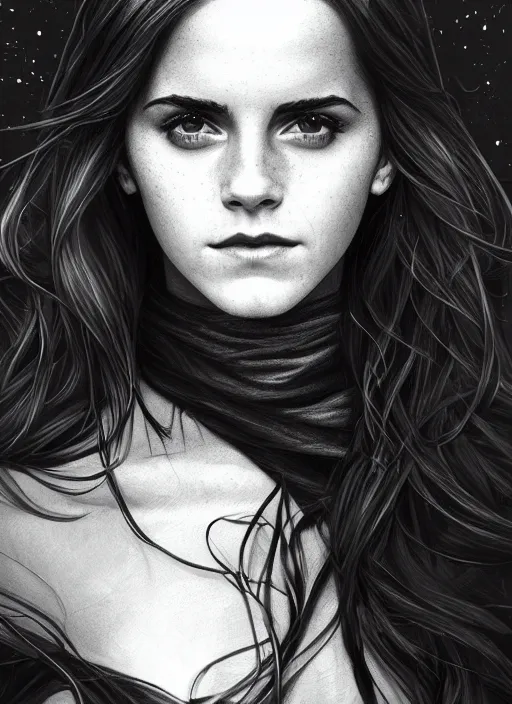 Image similar to emma watson as dark magic celestial, long hair, black and transparent cloth, space, D&D, shiny background, intricate, elegant, highly detailed, digital painting, artstation, concept art, smooth, sharp focus, illustration, artgerm, bouguereau