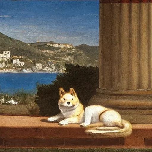 Prompt: a loggia from procida with a sleeping shiba inu by martinus rørbye, 1 8 3 5,