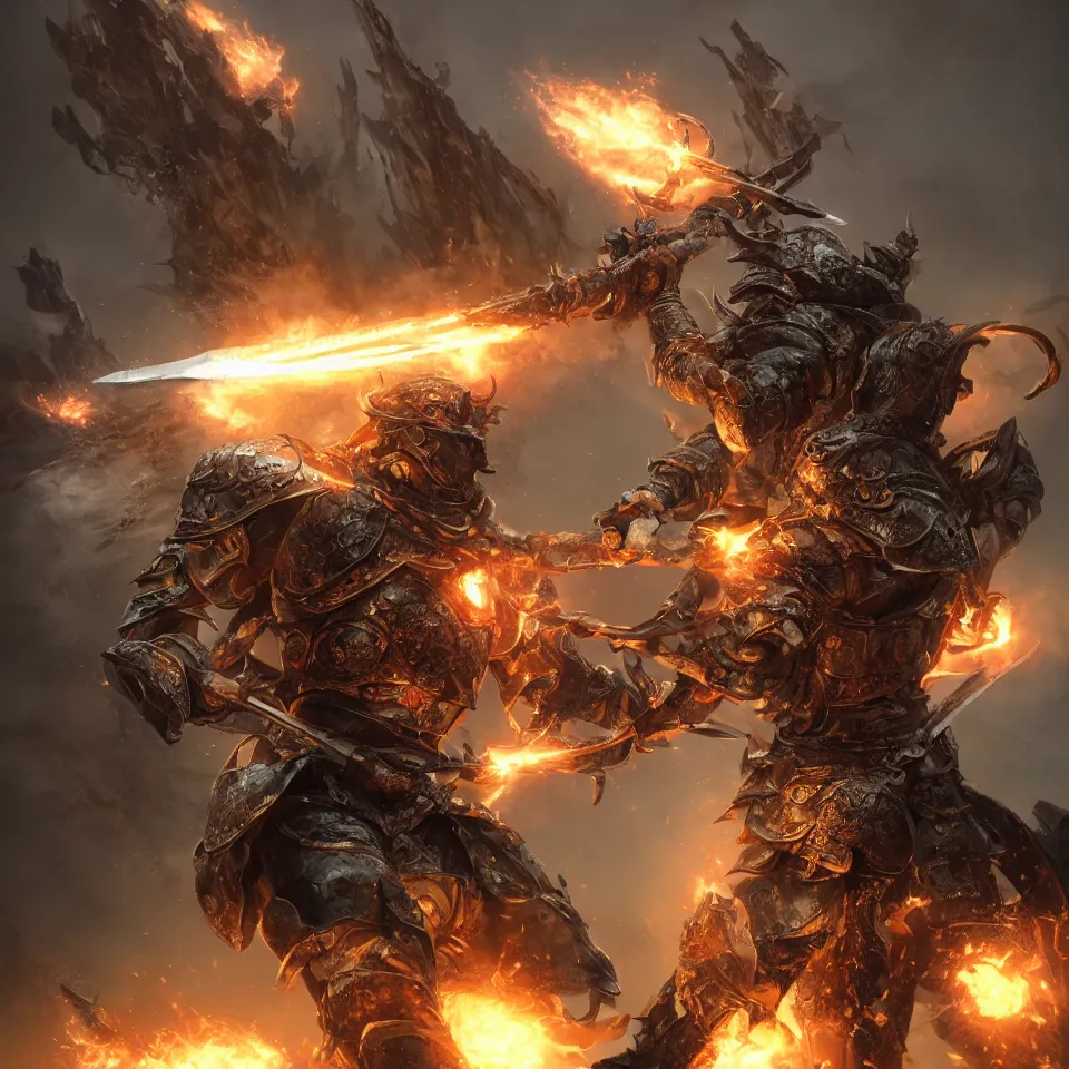 Image similar to photo full-body-shot of ONE brutal Warrior, wearing intricate steel armor, sharp focus, holding magical fiery battle-axe, magical aura, heroic pose, fantasy style, octane render, volumetric lighting, 8k high definition, by greg rutkowski, highly detailed, trending on ArtStation, magical Battlefield background, centered