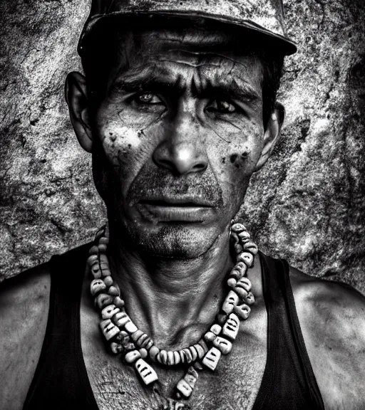 Prompt: portrait of brazilian worker in a quarry, 3 0 yo with a necklace of skulls, angry look, dark background, studio light, hdr, nikon 2 4 mm f / 1. 8 g, by sebastiao salgado