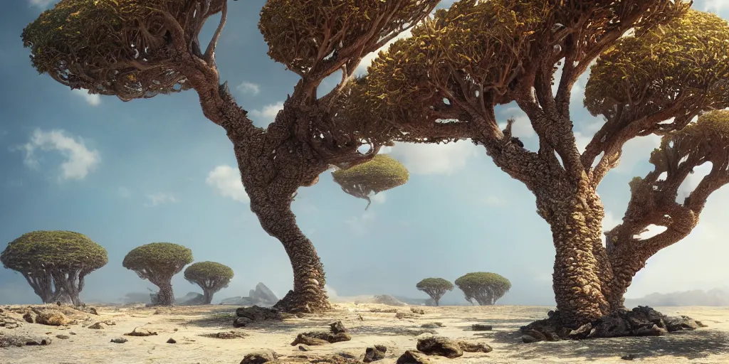 Image similar to socotra island with dragon trees, sharp focus, wide shot, trending on ArtStation, masterpiece, by Greg Rutkowski, by Ross Tran, by Fenghua Zhong, octane, soft render, ultrarealistic, colorful, cinematic, horizon forbidden west