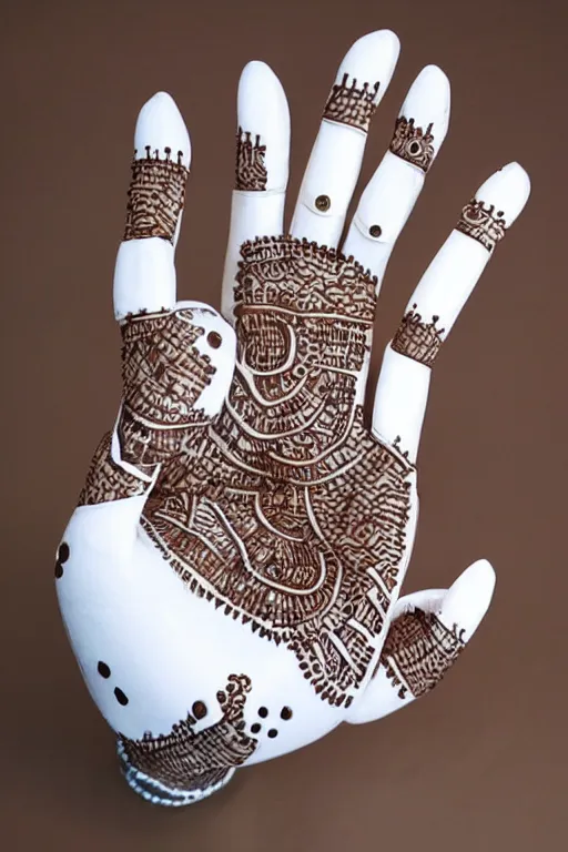 Prompt: ceramic robotic hand covered in henna