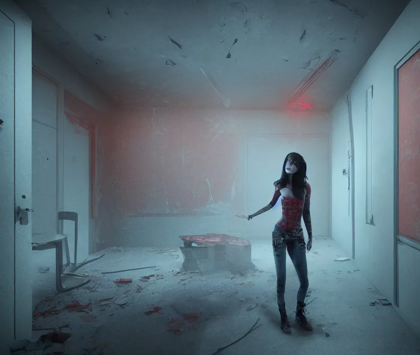 Image similar to rock star girl standing on an abandoned hospital room with red ceiling lighting and several blue lights on the walls, gloomy and foggy atmosphere, octane render, artstation trending, horror scene, highly detailded