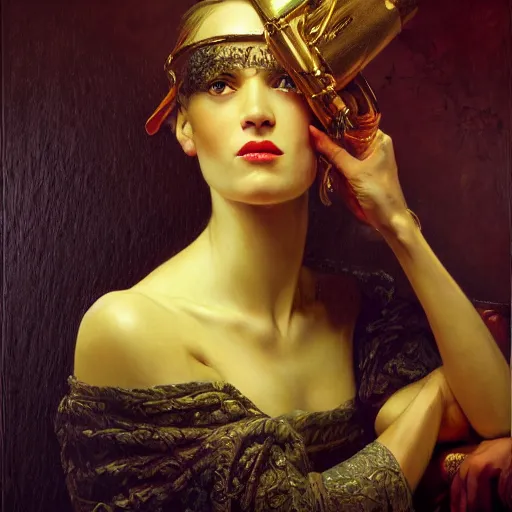 Image similar to highly detailed oil painting | very intricate | cinematic lighting | award - winning | portrait of jazzybit rouvier | by roberto ferri, by tom bagshaw, by j. c. leyendecker and klimt, american romanticism, by austin osman spare, artstation, cgsociety, official art, octane